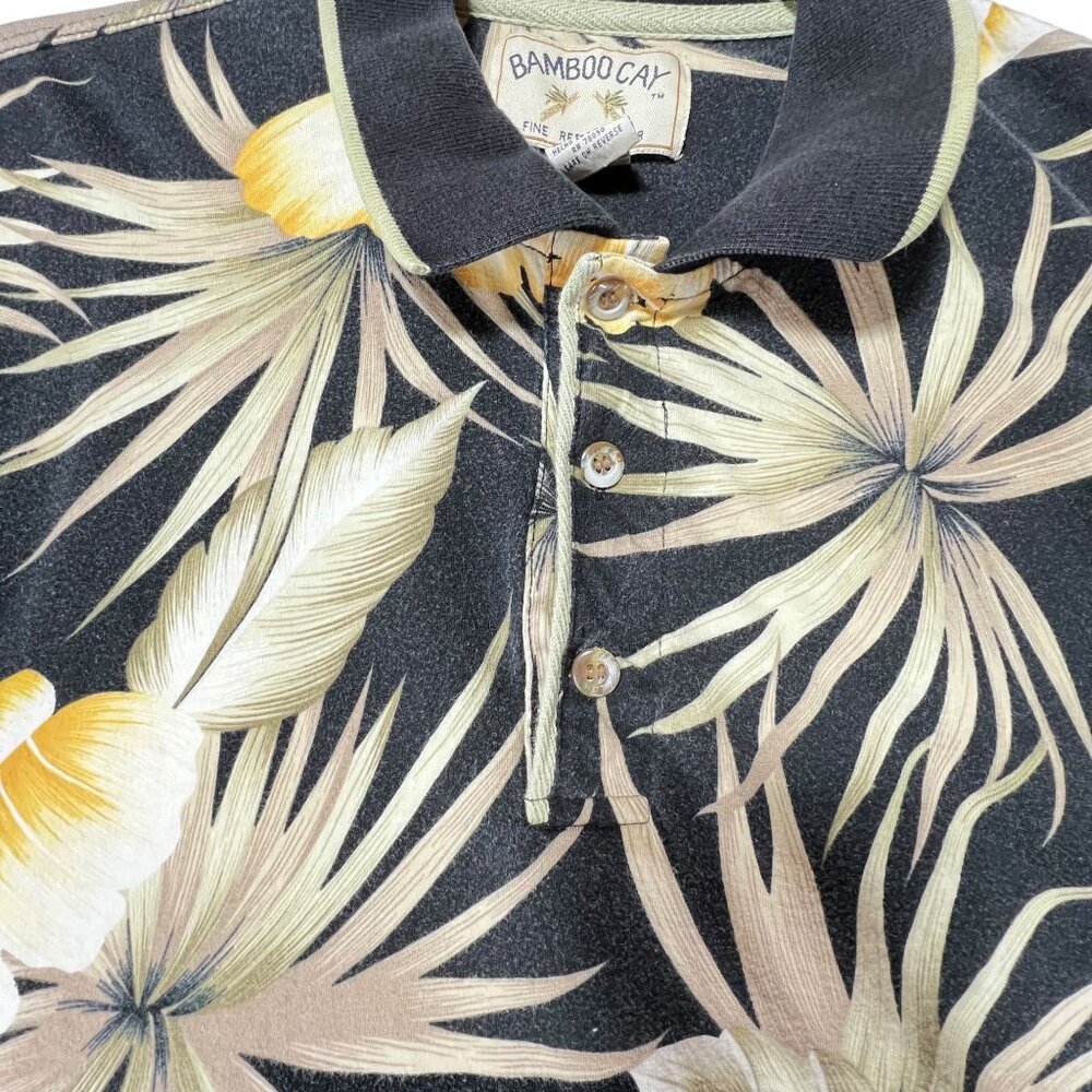 Bamboo Cay Mens Hawaiian Polo Shirt LG Black Tropical Floral Cotton Resortwear - Picture 4 of 10